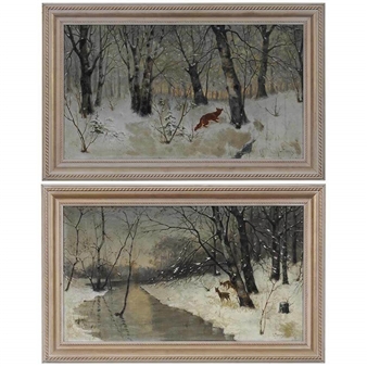 2 Works: Winter Scenes: Deer by a River, Fox in Woods - Elling Tronnes