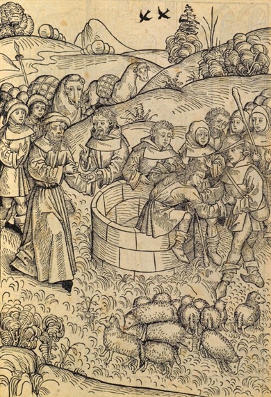 (2) Joseph sold into slavery by his brother, from the Schatzbehalter, The Infant Christ's Presentation in the Temple by Michael Wolgemut, 1491