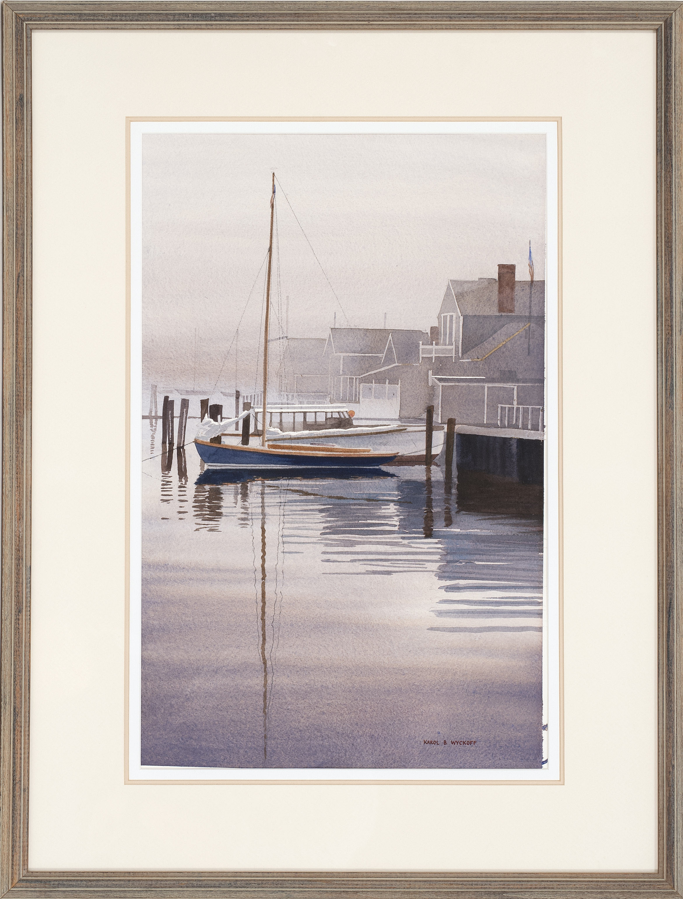Artwork by Karol B. Wyckoff, Sailboat at dock, likely Nantucket, Made of Watercolor on paper