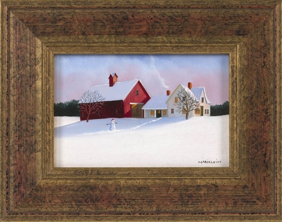 Snowman in front of a farmhouse by Marieluise Hutchinson