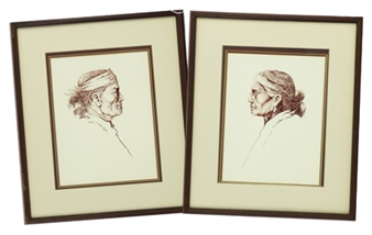 2 Works: Navajo Man and Woman in Profile - Tony Begay