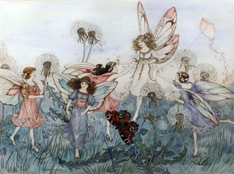 Fairy Clocks" - Fairies with dandelion clocks, one flying a petal kite - Dorothy Fitchew