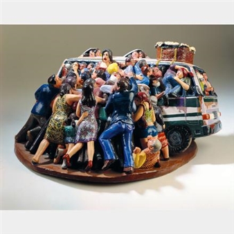 A crowded van packed with tiny figures in a vibrant, chaotic scene.