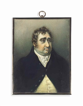 Charles James Fox (1749-1806), in dark blue coat, ochre waistcoat, white knotted cravat - Harold Credoe