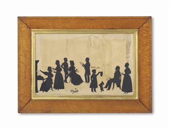 A conversation piece silhouette with elegant figures in an interior, a boy playing with a dog in the foreground - Augustin Amant Constant Fidèle Edouart