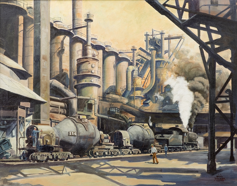 Artwork by Hans Josef Zimmer, Steam engine at a factory, Made of Oil on canvas