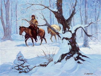 A winter forest scene featuring a rider on horseback moving through snow-covered woods.
