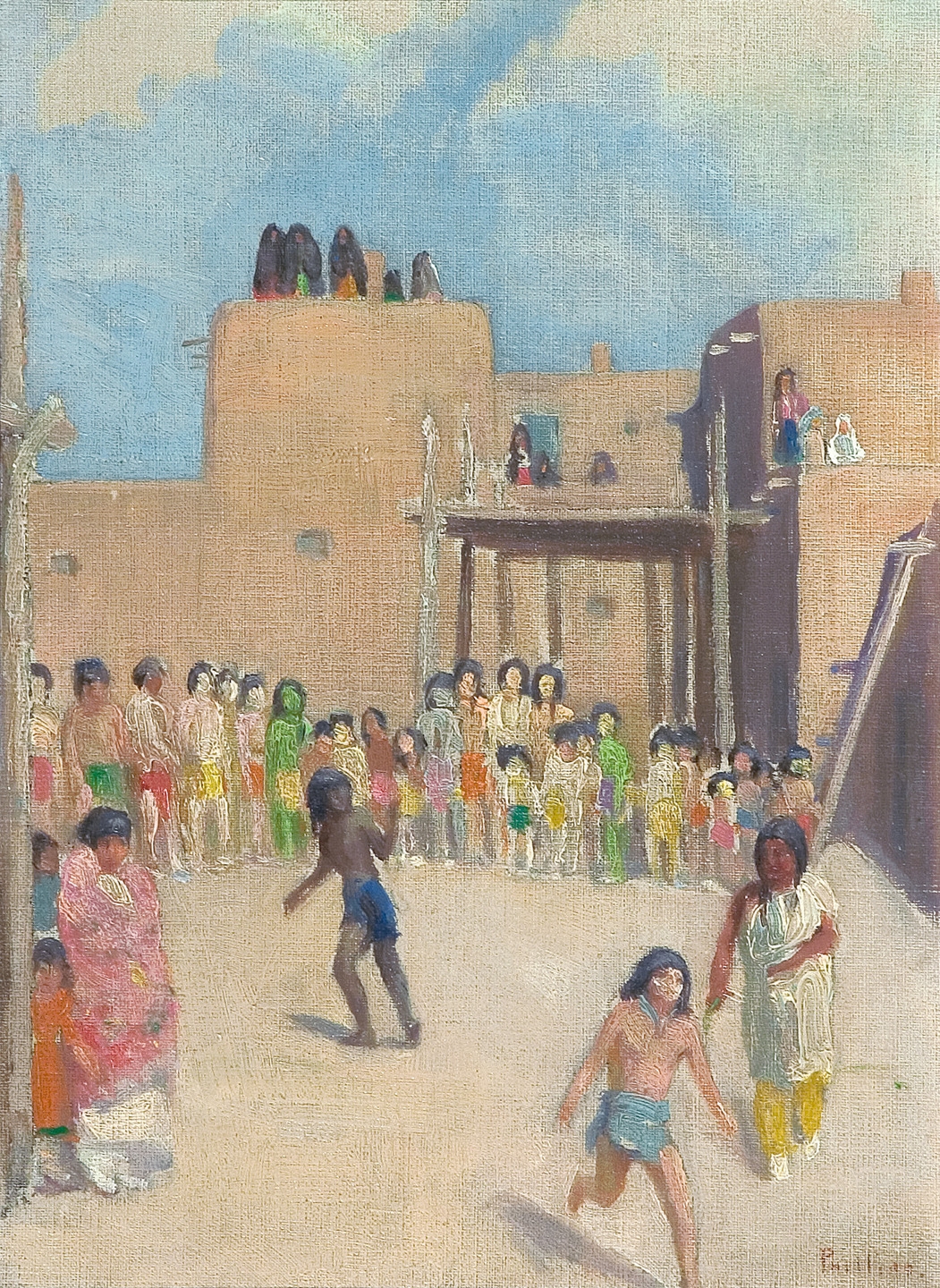 Artwork by Bert Phillips, Fun at the Pueblo, Made of oil on canvasboard