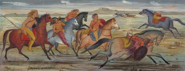 Artwork by George Vander Sluis, Indian Battle, Made of mixed media on paper