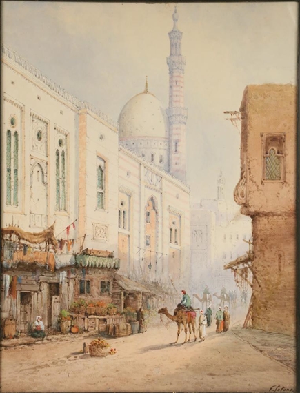 Cairo Street Market Scene with Mosque by Edwin St. John