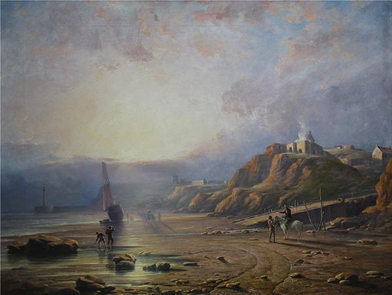 Coastal Scene with Figures and Boats by Lev Felixovich Lagorio