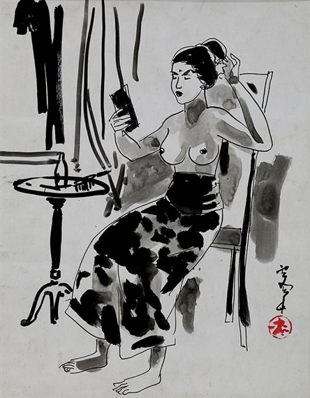 Four Works: Fruitseller, Woman Selling Fish, Man with Chicken and Female Doing Make-Up by Lee Man Fong