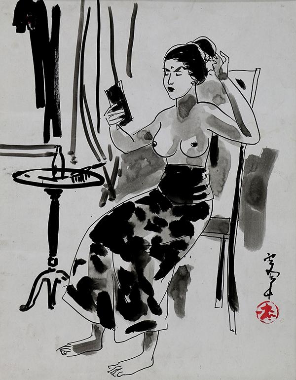 Artwork by Lee Man Fong, Four Works: Fruitseller, Woman Selling Fish, Man with Chicken and Female Doing Make-Up, Made of ink washes on paper