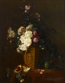 MIXED FLOWERS IN A VASE WITH DURIAN FRUIT ON A TABLETOP - Marthe de Jouffroy