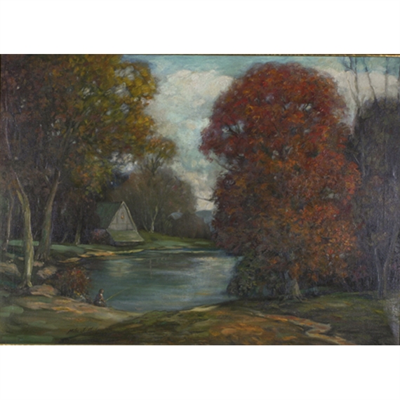 'In Autumn' landscape with pond, cottage, and fisherman figure by Miles Jefferson Early