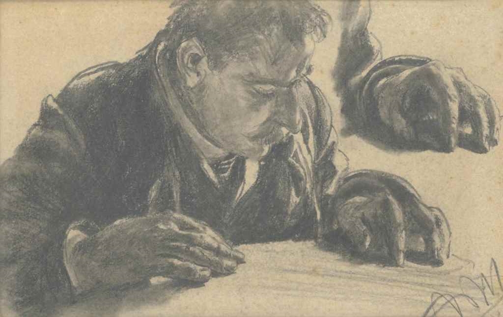 A man reading, with a subsidiary study of his left hand by Adolph von Menzel, 1886