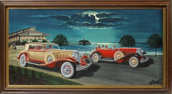 Depicting classic cars with figures by a dancing hall - Casey Geerts