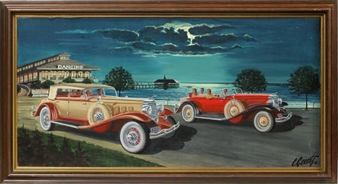 Depicting classic cars with figures by a dancing hall - Casey Geerts