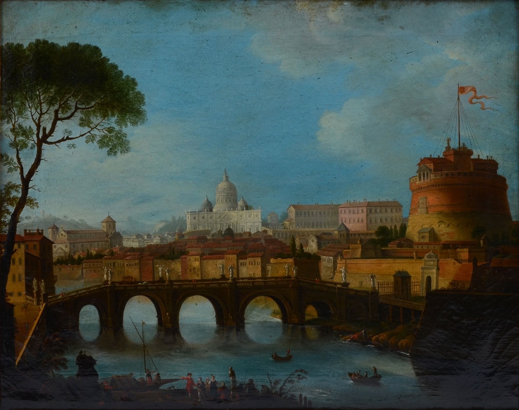 Artwork by Antonio Joli de Dipi, City View with Tiber River, Castel Sant'Angelo and Saint Peter's Basilica, Made of Oil on canvas