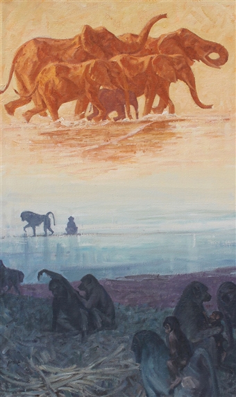 George Prout | African Scene with Elephants and Baboons by the River's ...