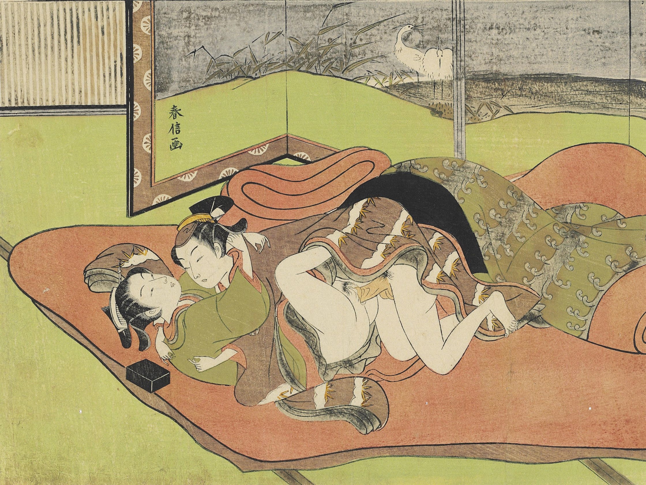 A Woman Making Love to a Wakashu beside a Folding Screen by Harunobu Suzuki, circa 1768