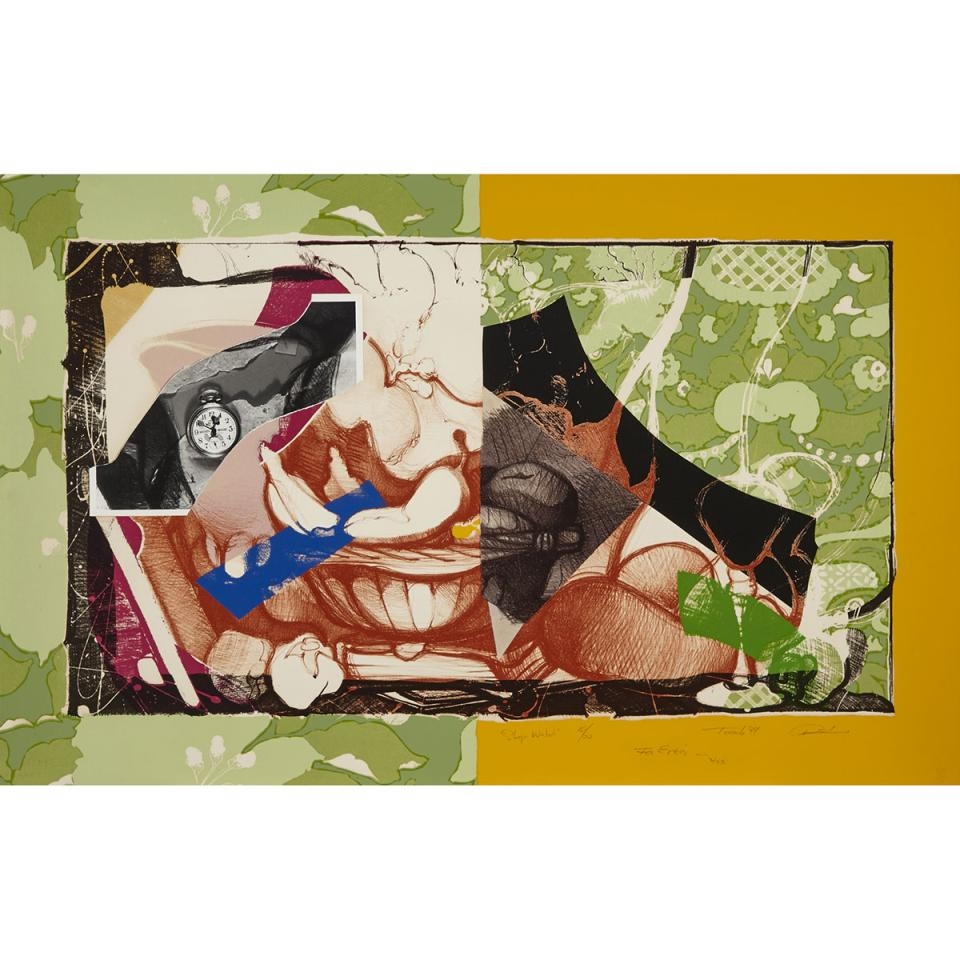 Artwork by Richard Sewell, STOP-WATCH, Made of Mixed-media collage over colour lithograph on Arches watermarked paper