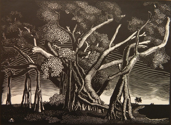 A black and white woodcut print of a sprawling tree with intricate bark textures against a striped sky.