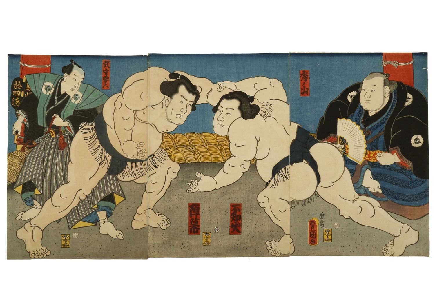 Kunisada Utagawa | oban triptych depicting a sumo match, the wrestler ...