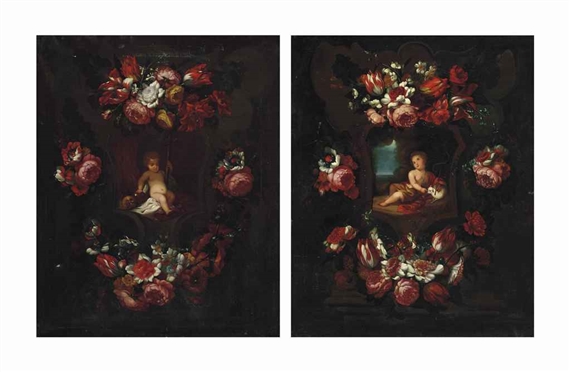 The Christ Child surrounded by a sculpted cartouche decorated with flowers; and The infant John the Baptist surrounded by a floral cartouche by Jan van Kessel I