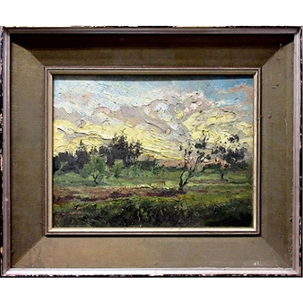 A landscape painting in a dark frame depicting a sunlit field with distant hills and scattered trees.