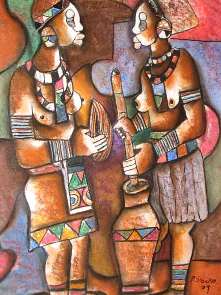 Artwork by Peter Sibeko, Woman Grinding Corn, Made of Mixed Media