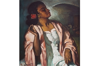 Portrait of a Spanish Lady Wearing a Rose in her Hair - L. Morrell