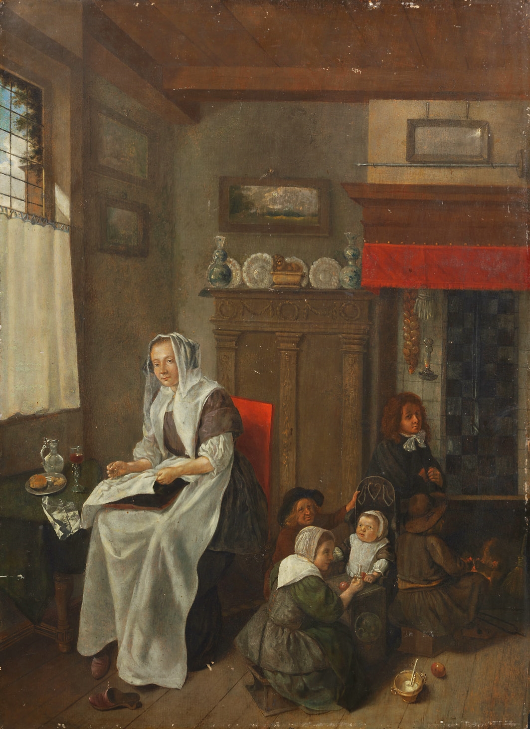 Artwork by Quirijn van Brekelenkam, Stickende Frau mit Kindern in einem Interieur, Made of Oil on oak panel