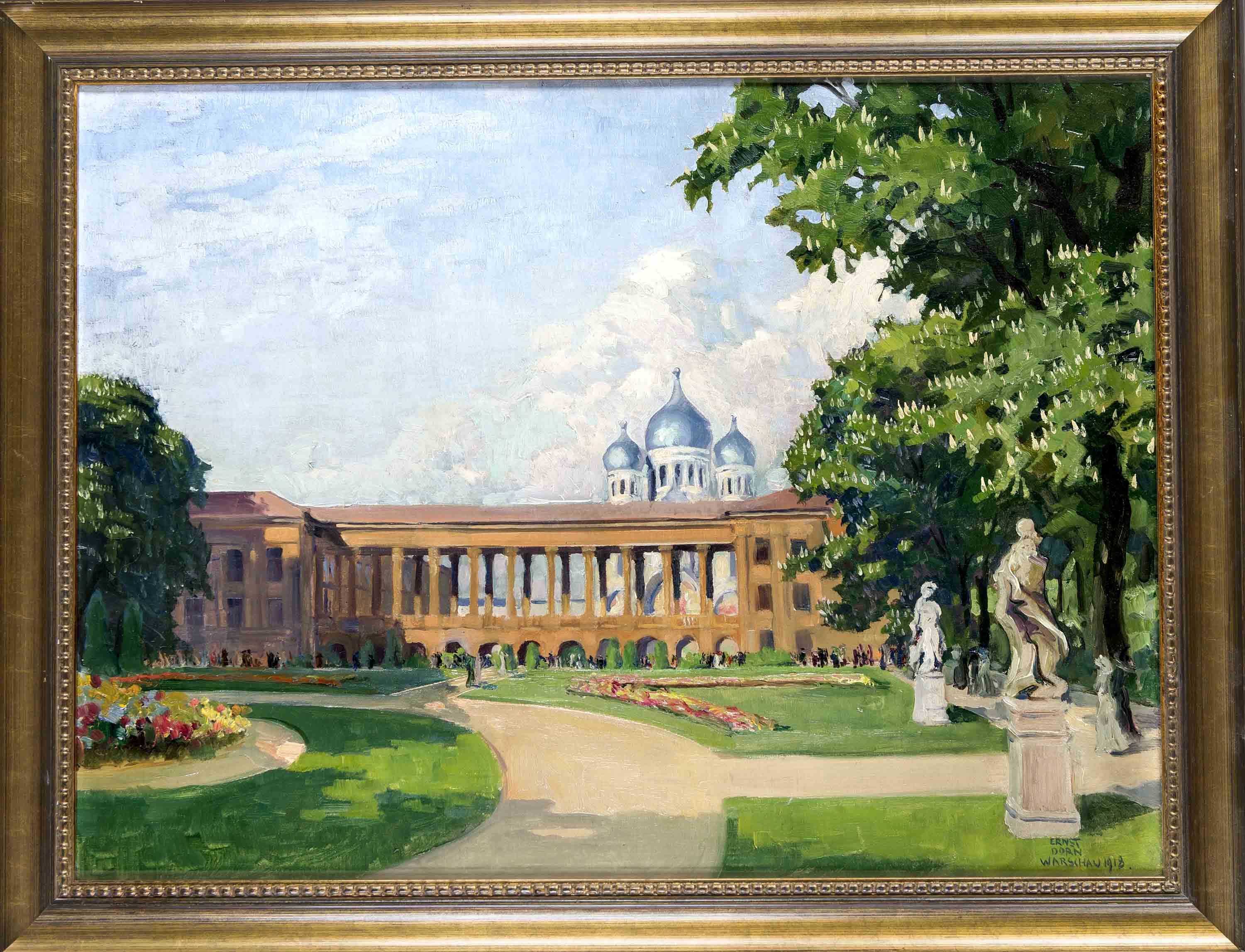Artwork by Ernst Dorn, Park mit Kolonnaden und dahinter liegender orthodoxer Kirche, wohl in Warschau, Made of oil on canvas