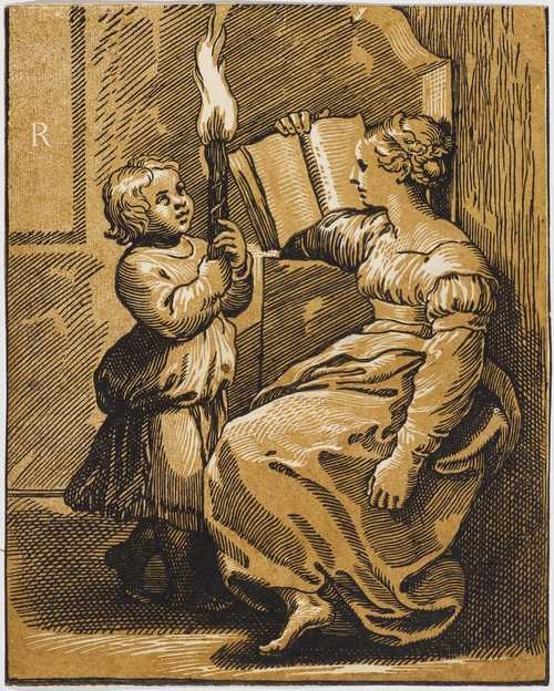 Artwork by Ugo Da Carpi, A Sybil reading, Made of Chiaroscuro woodcut from two blocks brown and black on laid paper without watermark