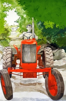 figure steering a red tractor on a lane with farm beyond - Sue Shields
