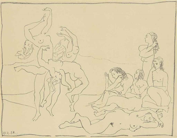 A drawing of a group of naked women on a beach.
