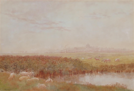 Sheep in a meadow by a river, a town beyond by Martin Snape