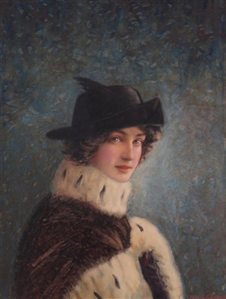 Portrait of a lady in a black plumed hat and an ermine trimmed coat - Louis Charles Goddard
