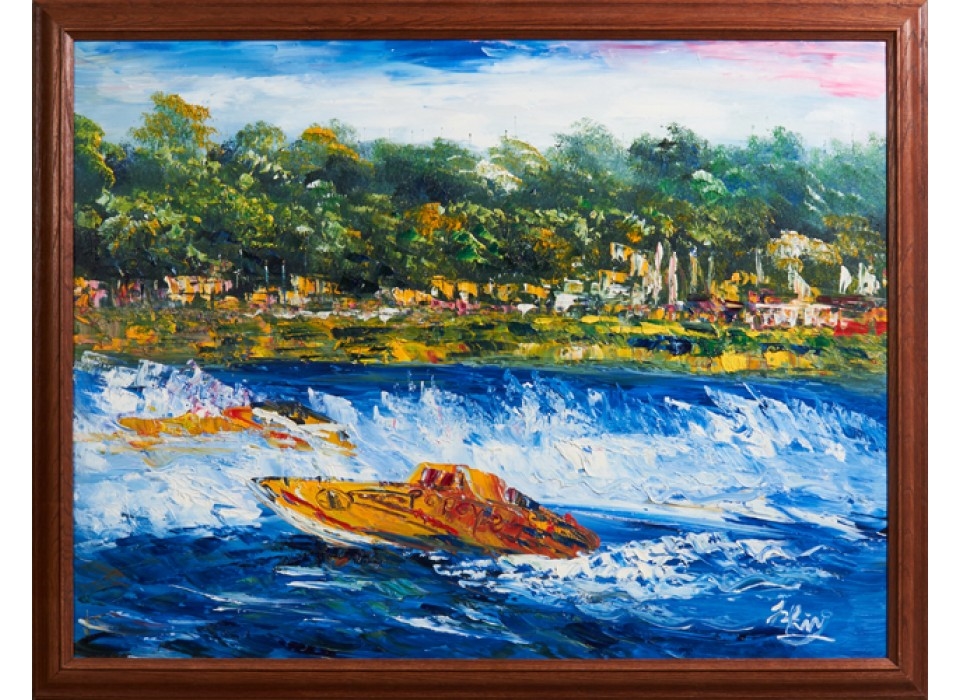 Artwork by Frenchy, Popeyes Racing Boat, Made of Oil on canvas