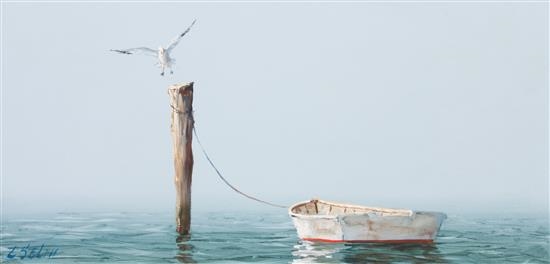 Seagull and Tied Boat on Water by Charles R. Selmi