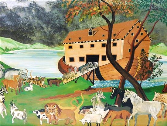 Phyllis Cicora Duffy | Folk Art Depiction Of Noah&#39;s Ark With Procession Of  Paired Animals Entering Boat | MutualArt