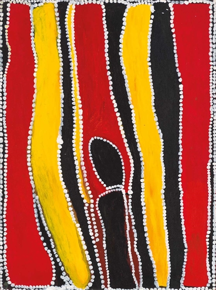A vibrant abstract painting featuring bold vertical stripes and a central figure rendered in white dotwork.