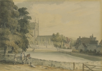 A VIEW OF BECKFORD, GLOUCESTERSHIRE, WITH FIGURES IN THE FOREGROUND - J. Bluck