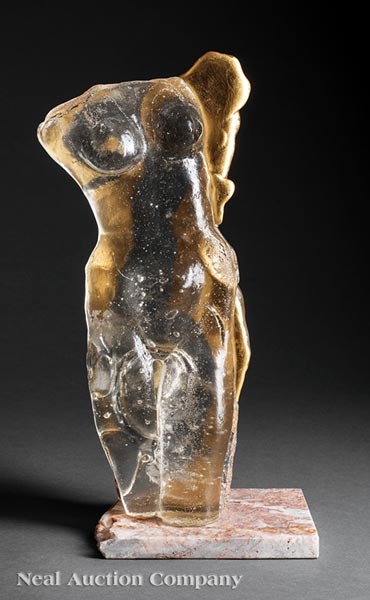 Artwork by Gail Paradise, Clear Female Torso, Made of cast glass and gold leaf on granite base