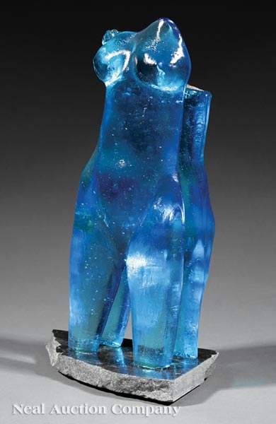 Artwork by Gail Paradise, Blue Female Torso, Made of cast glass on granite base