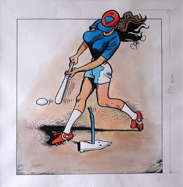 Artwork by Kaja Saudek, Softball Training, Made of Pencil, black ink, watercolor on paper