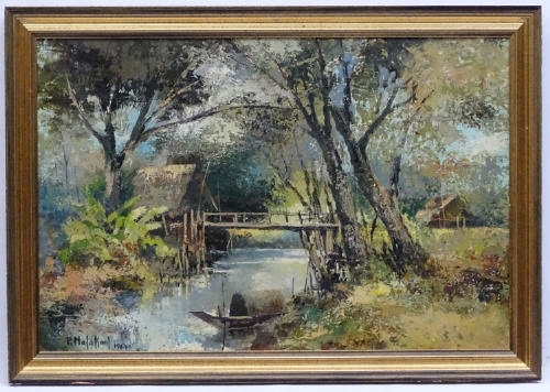 River Landscape with Boats and Stilt Houses by M.L. Poum Malakoul, 1964