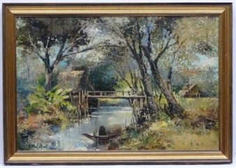 River Landscape with Boats and Stilt Houses - M.L. Poum Malakoul