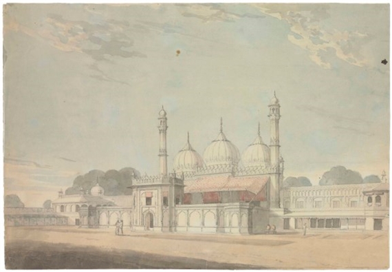 A view of a courtyard, possibly the Moti Masjid, Agra, showing its terraces and two flanking minarets by William Daniell